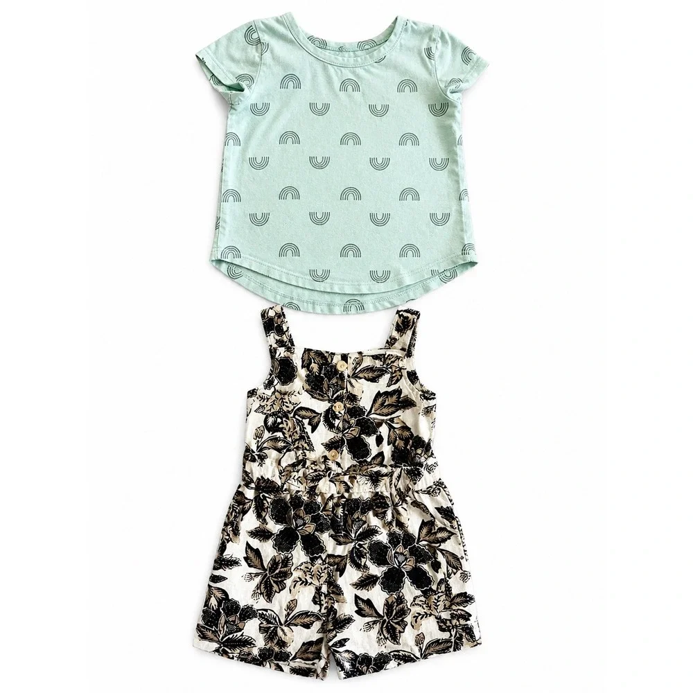 Old Navy Floral Romper & Cat & Jack Rainbow Tee Bundle Girls 3T Mint Green Cream